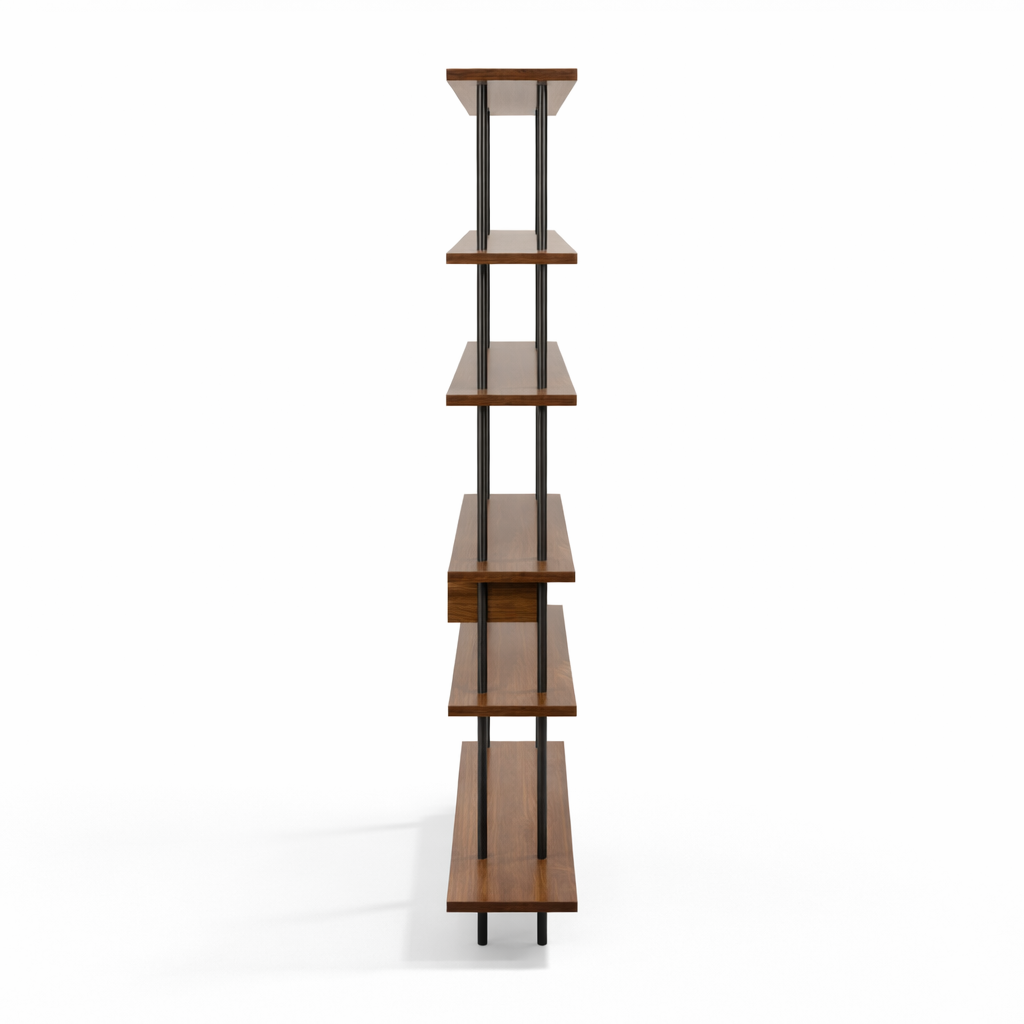 Tall wooden shelf with multiple shelves on a white background