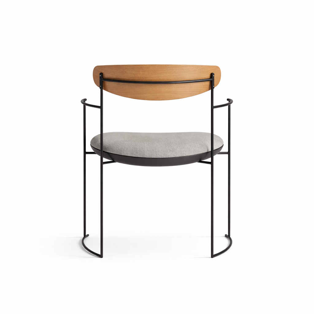 Small round table with wooden top and metal frame on a white background