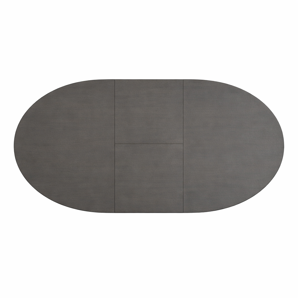 Oval-shaped dark gray rug on a white background