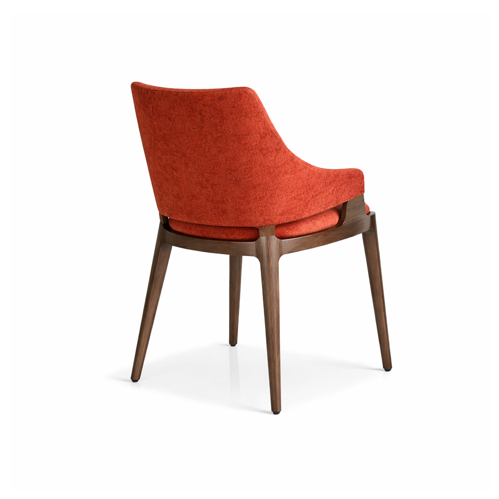 Chair with orange cushioned backrest and wooden frame on a white background
