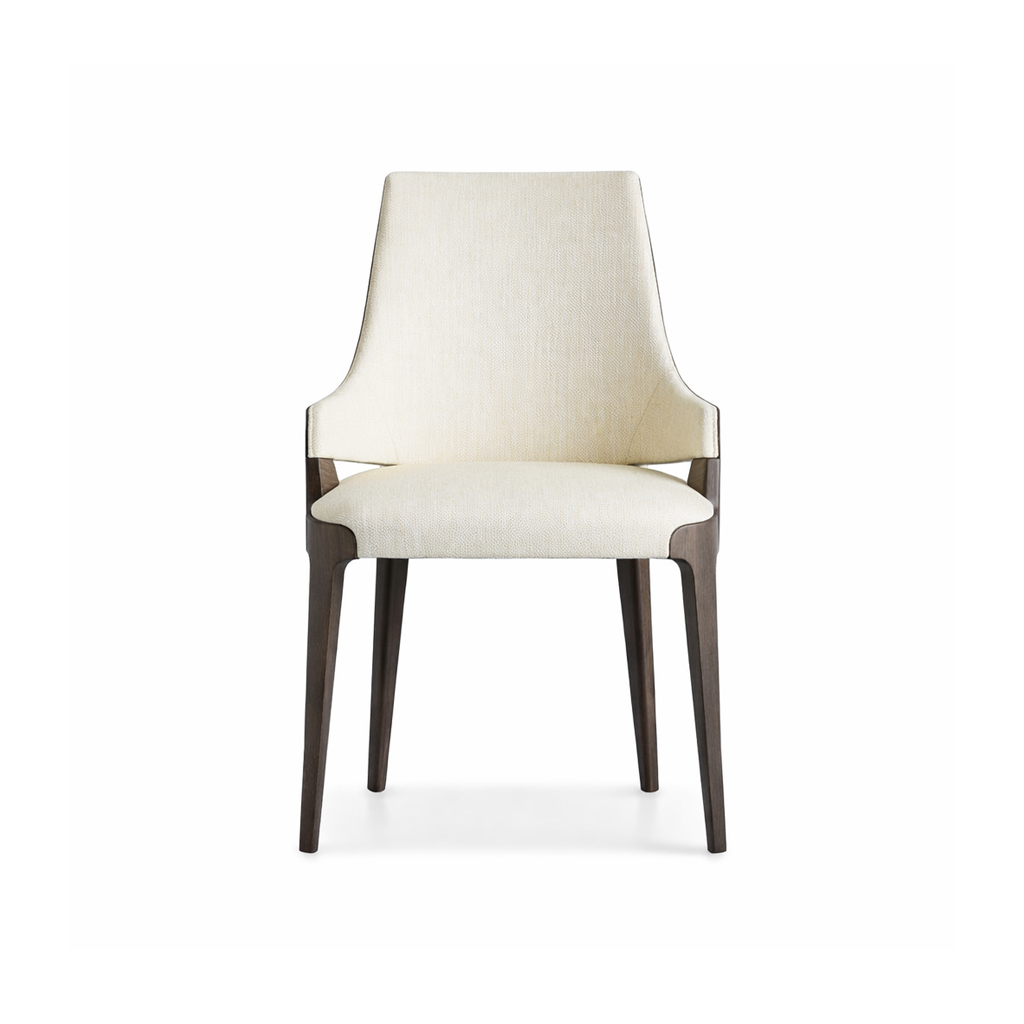 White chair with dark wooden legs on a white background