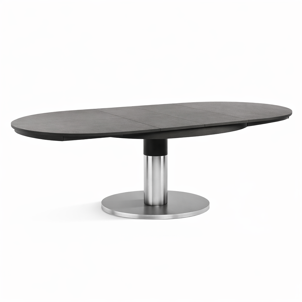 Dining table with a dark wooden top and metal base on a white background