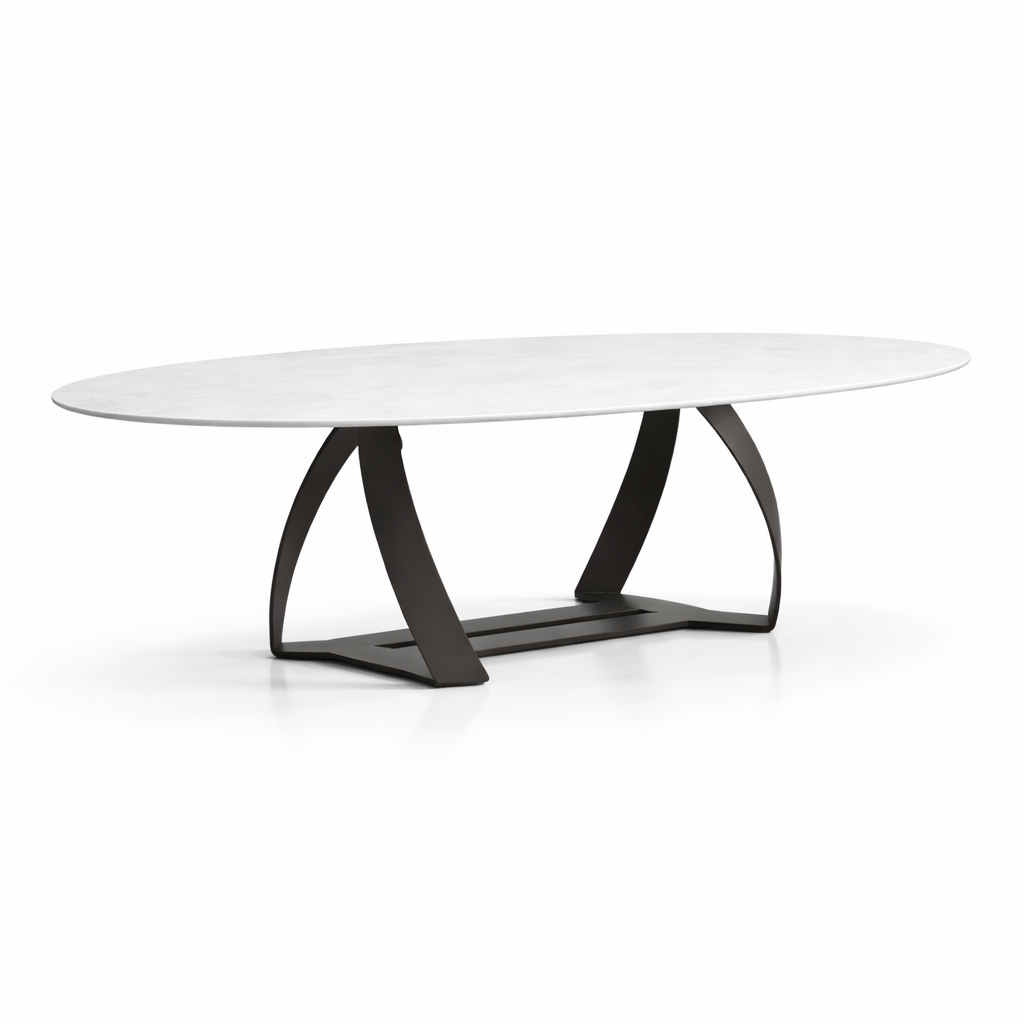 Modern coffee table with white top and black metal base on a white background