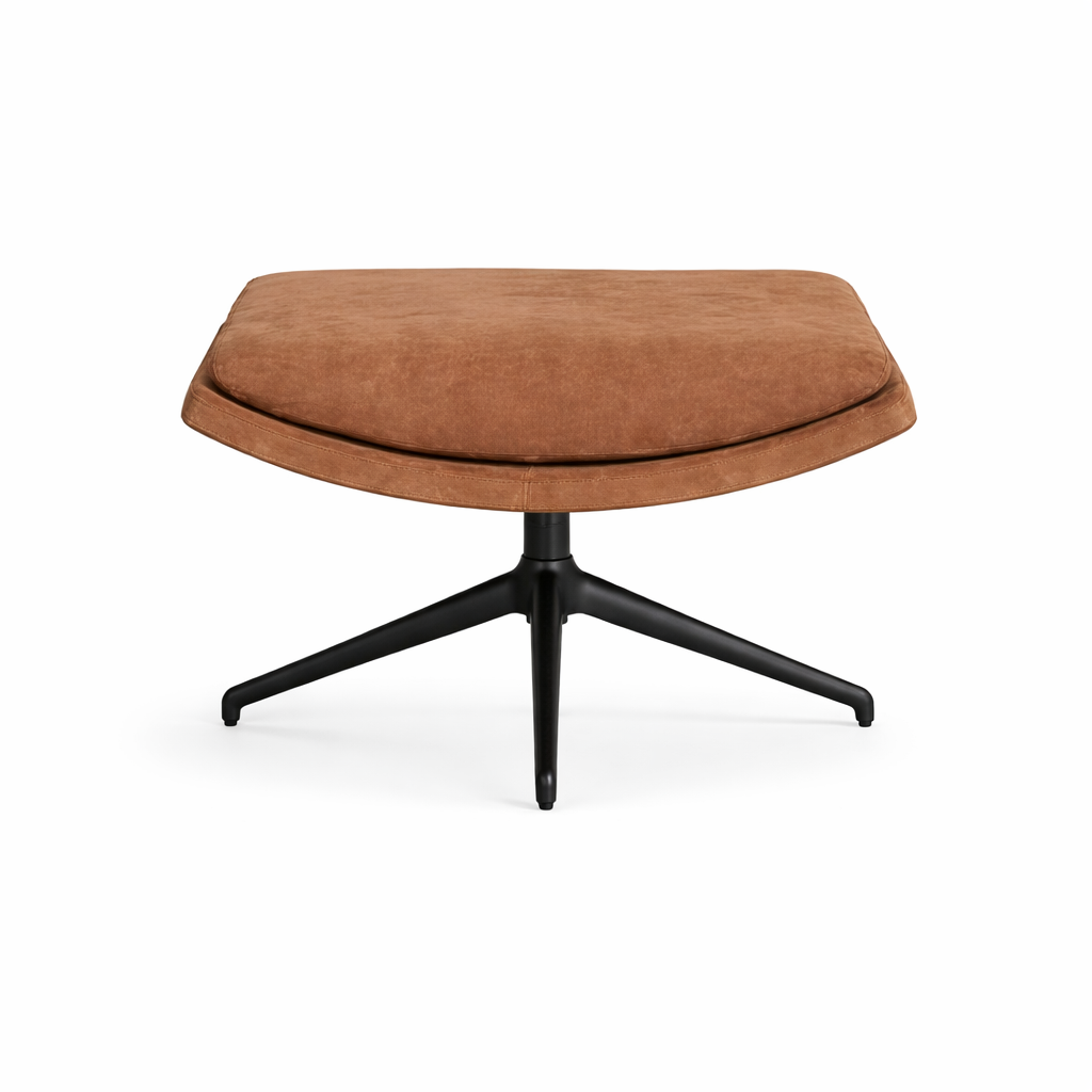Brown cushioned stool with black metal legs on a white background