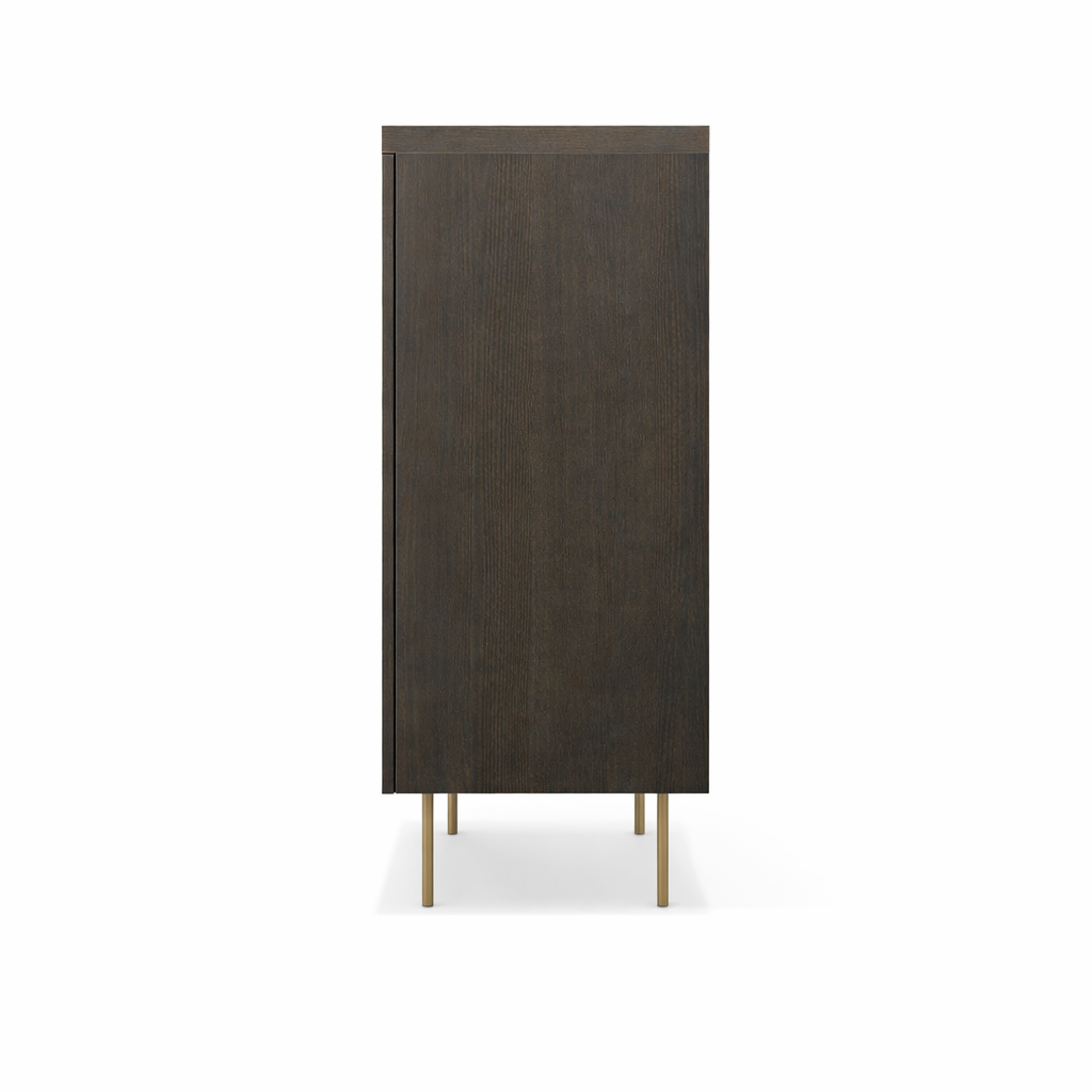 Dark wooden cabinet with brass legs on a white background