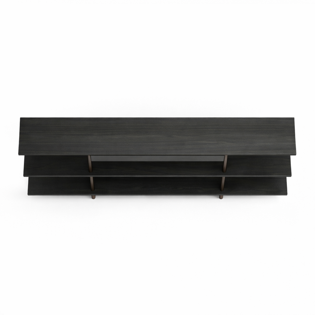 Dark wooden TV stand with two shelves on a white background