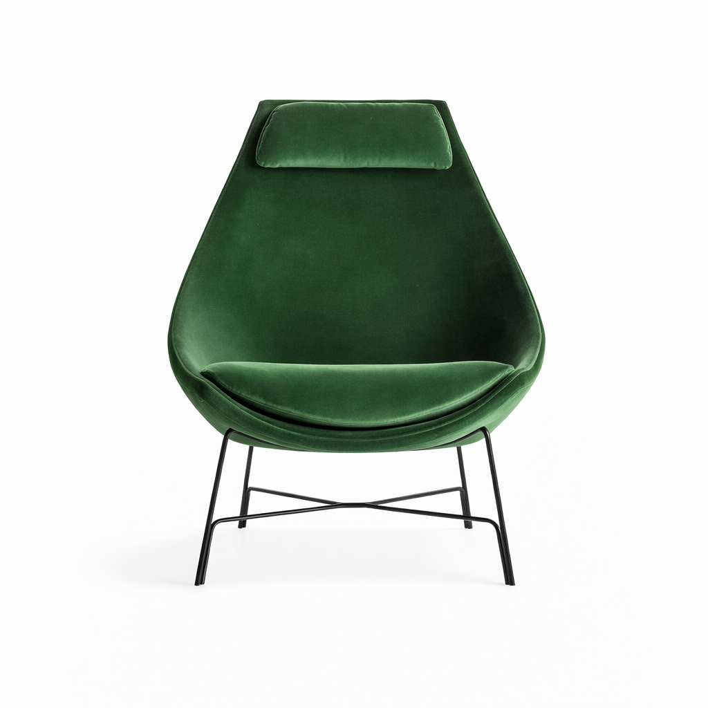 Green velvet chair with black metal legs on a white background