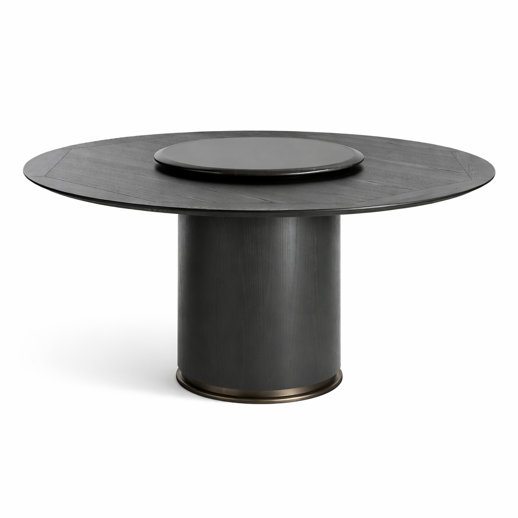 Round dark gray dining table with a cylindrical base on a white background