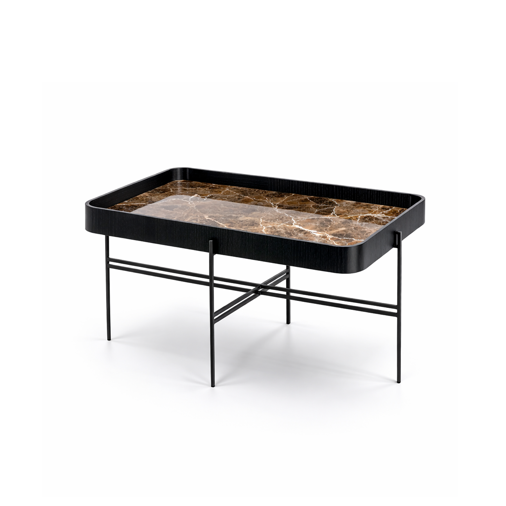 Modern coffee table with marble-like top and black metal frame on a white background