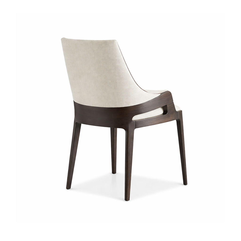 Chair with white cushioned backrest and dark wooden frame on a white background