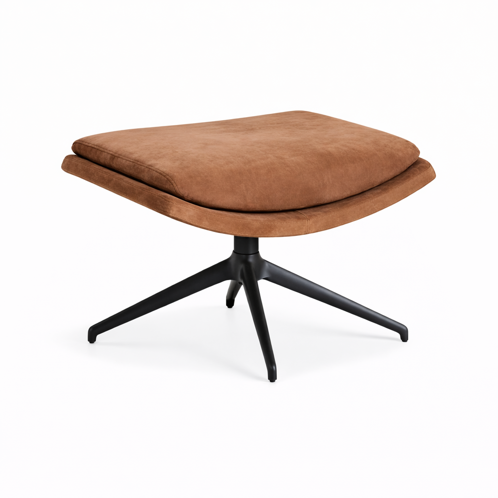 Brown ottoman with black star-shaped legs on a white background