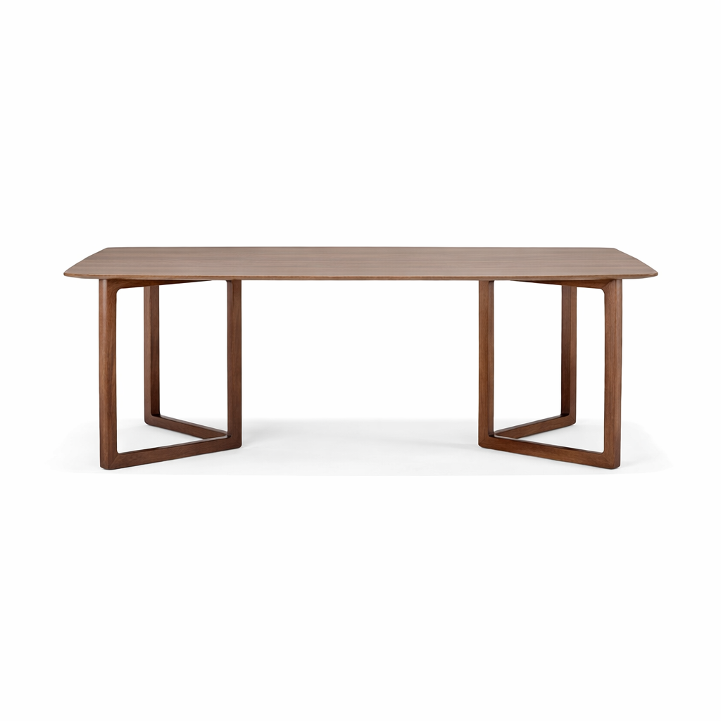 Wooden table with a minimalist design on a white background