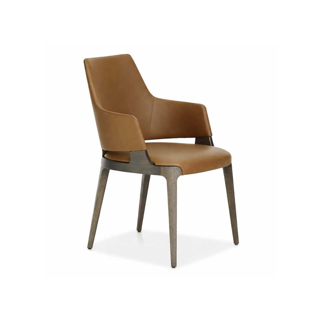 Brown leather chair with wooden legs on a white background