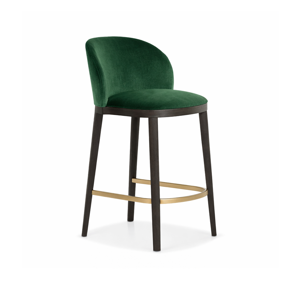 Green bar stool with wooden legs on a white background
