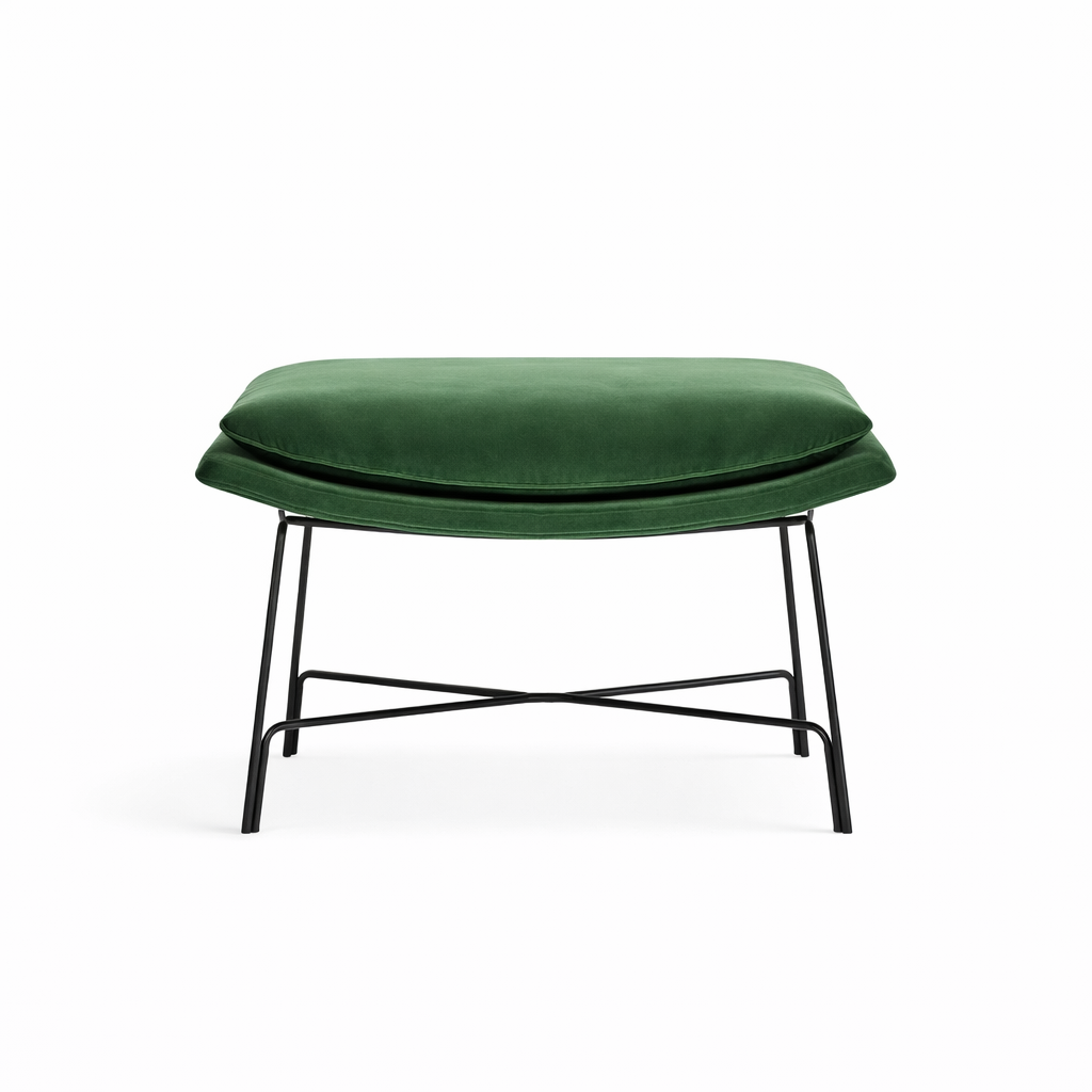 Green ottoman with black metal legs on a white background