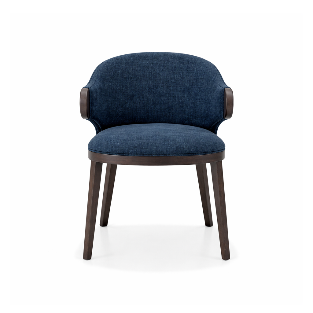 Blue upholstered chair with wooden legs on a white background