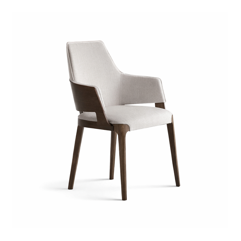 Chair with white seat and backrest and wooden legs on a white background