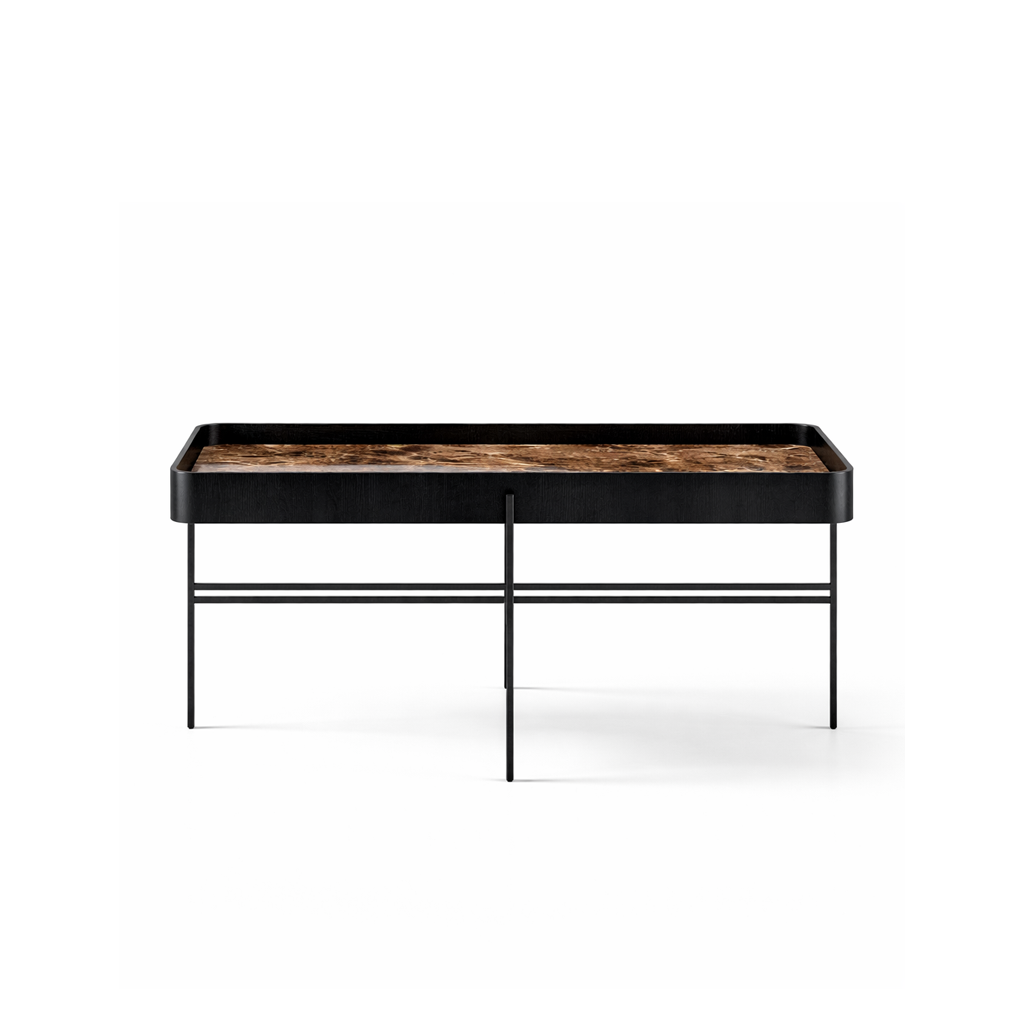 Modern coffee table with a black frame and brown marble top on a white background