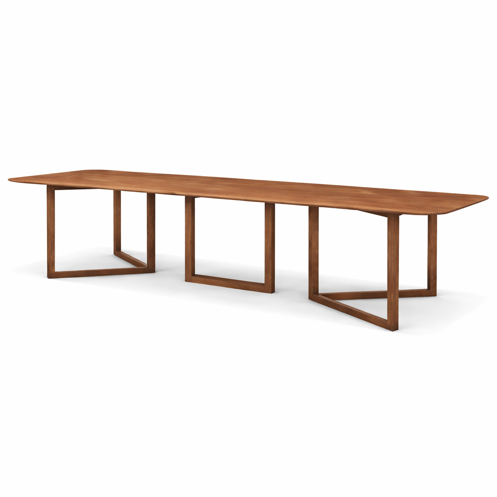 Wooden dining table with a minimalist design on a white background