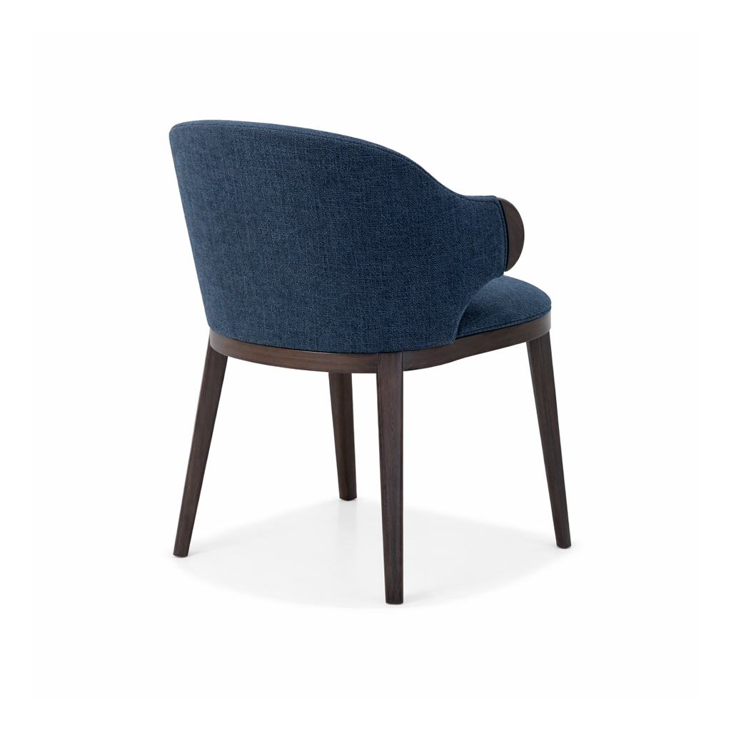 Blue upholstered chair with dark wood legs on a white background