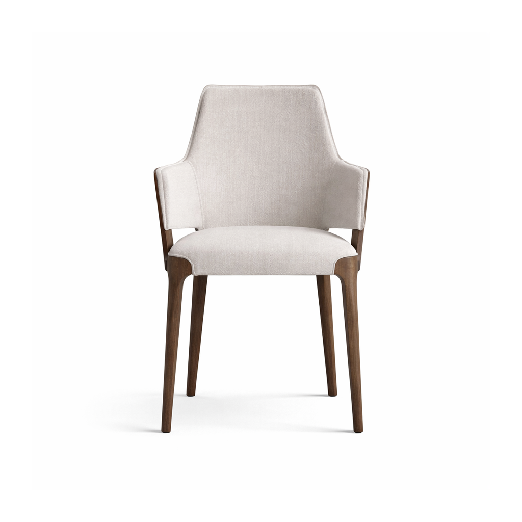 Chair with white cushioned seat and backrest on a white background