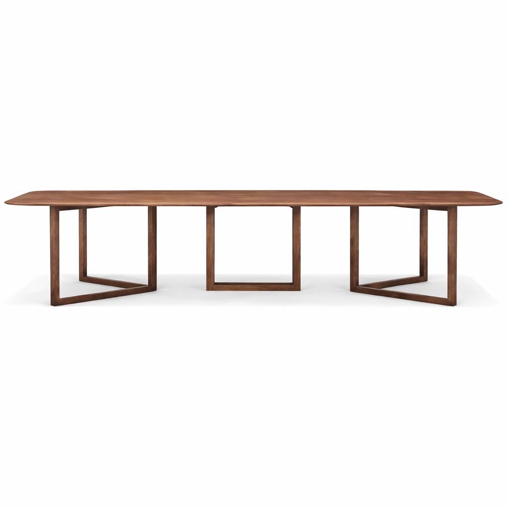 Wooden dining table with a minimalist design on a white background
