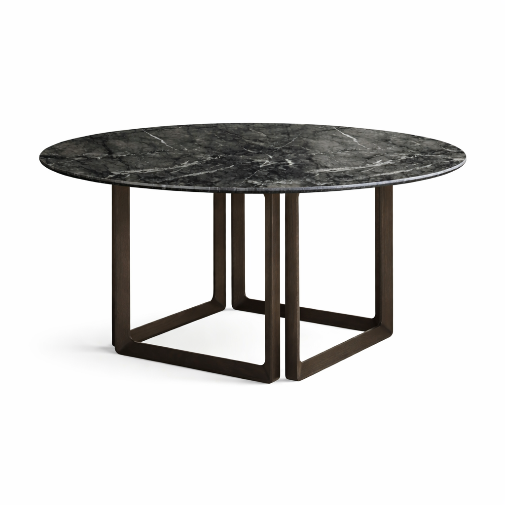 Round marble table with dark brown metal frame on a white background