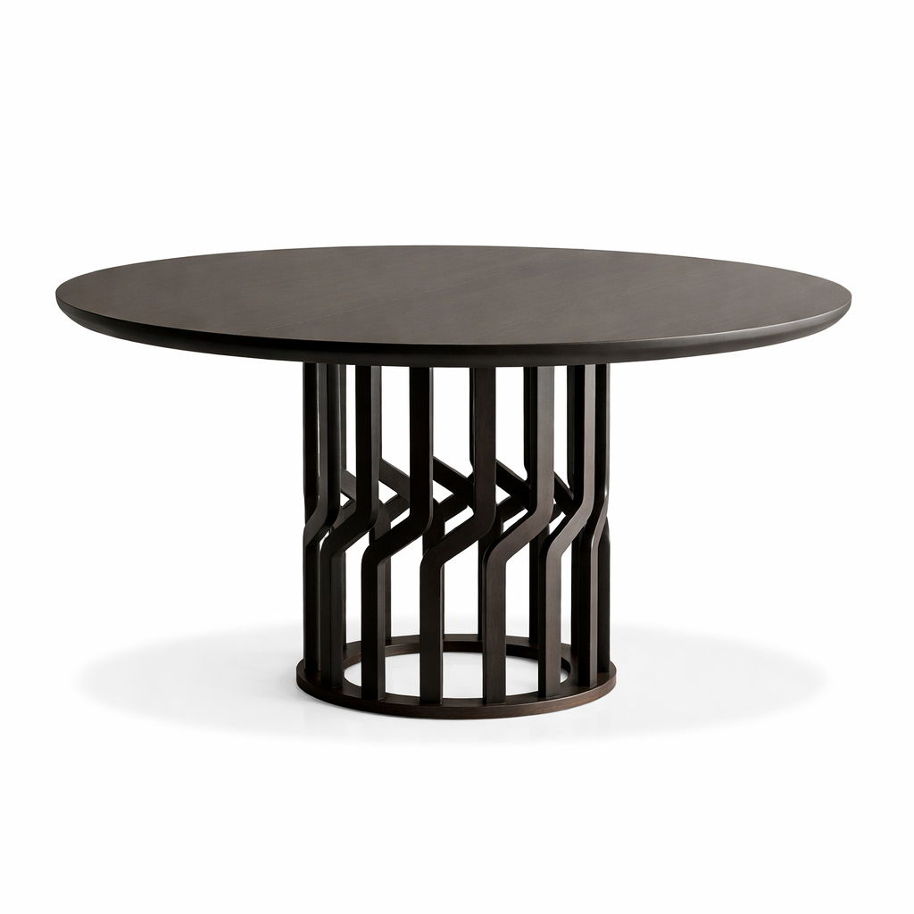 Round dining table with a unique metal base on a white background