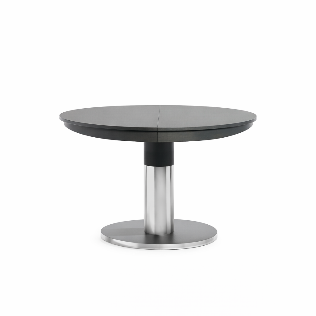 Round dining table with black top and silver base on a white background