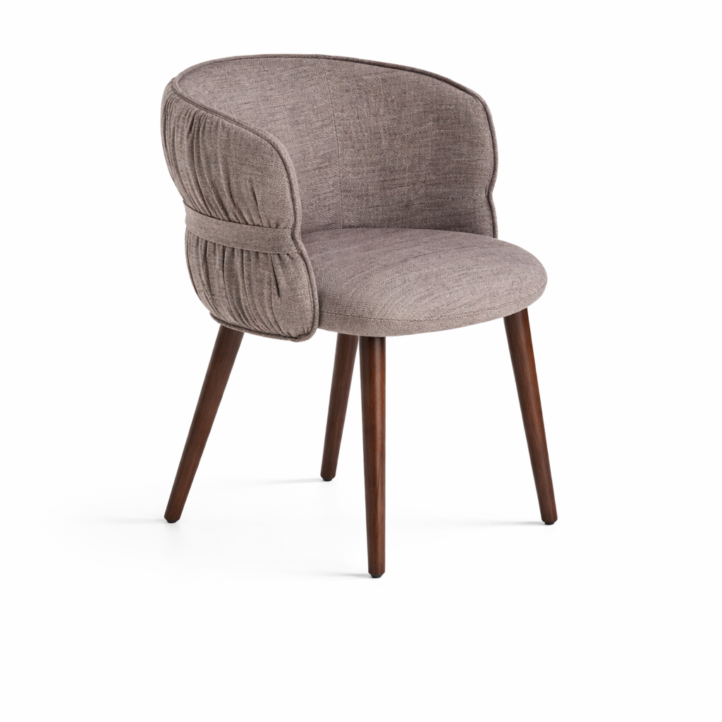 Gray upholstered chair with wooden legs on a white background