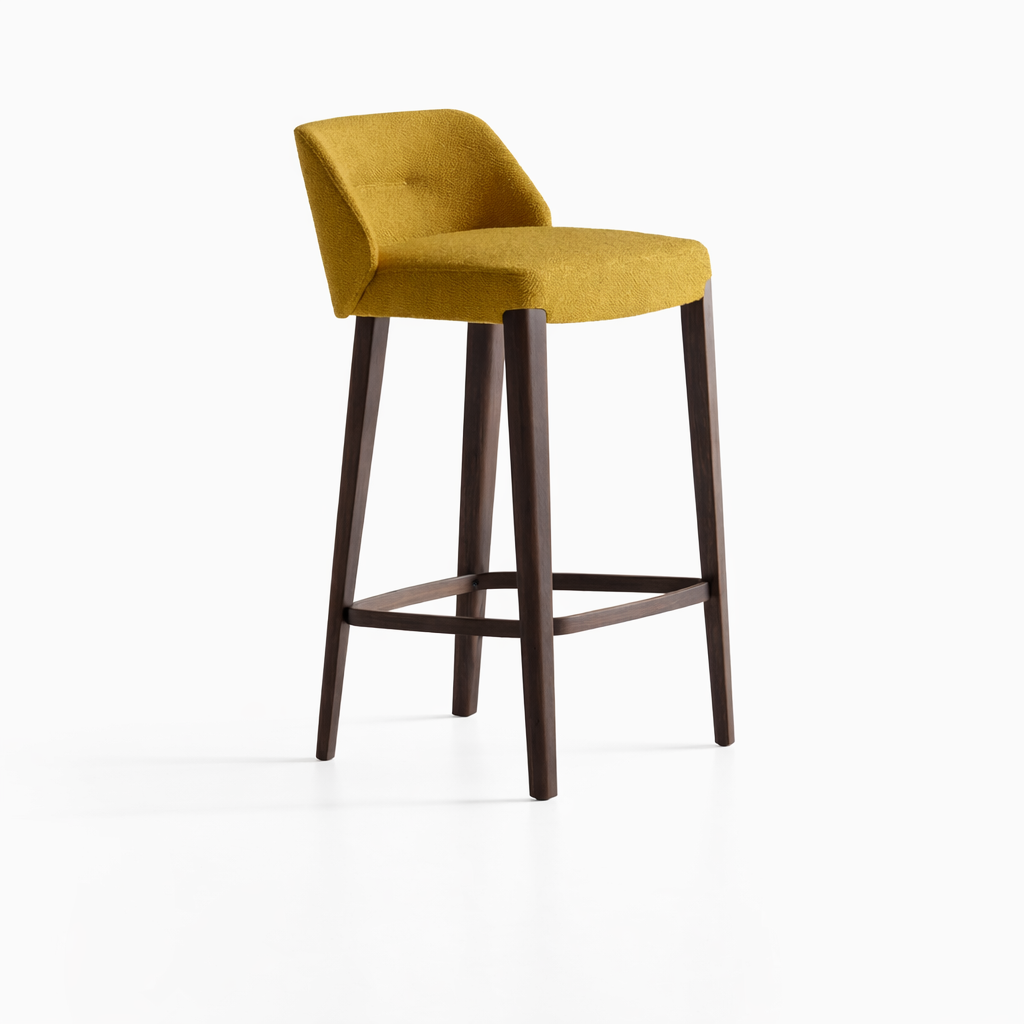 Yellow bar stool with wooden legs on a white background