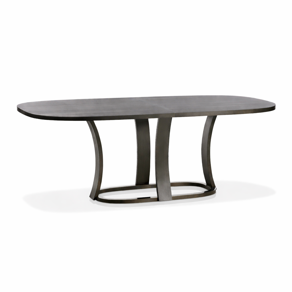Dark gray oval dining table with a modern design on a white background