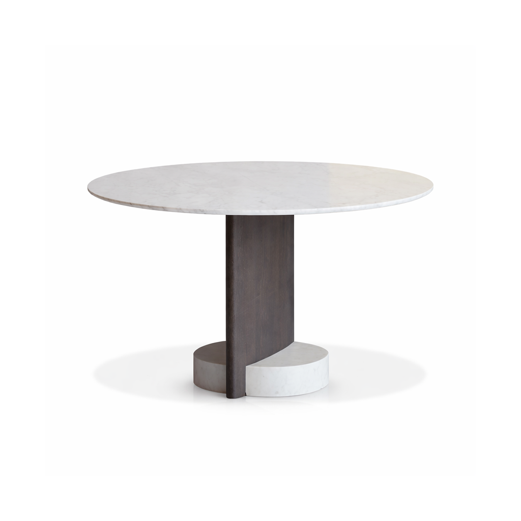 Round dining table with a white top and dark wooden base on a white background