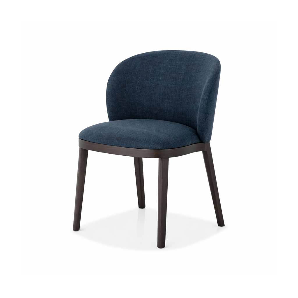 Blue upholstered chair with dark wood legs on a white background