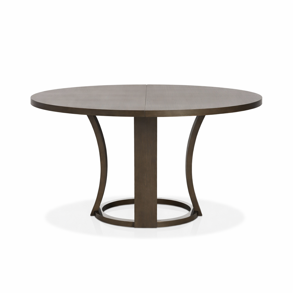 Round wooden dining table with a metal base on a white background
