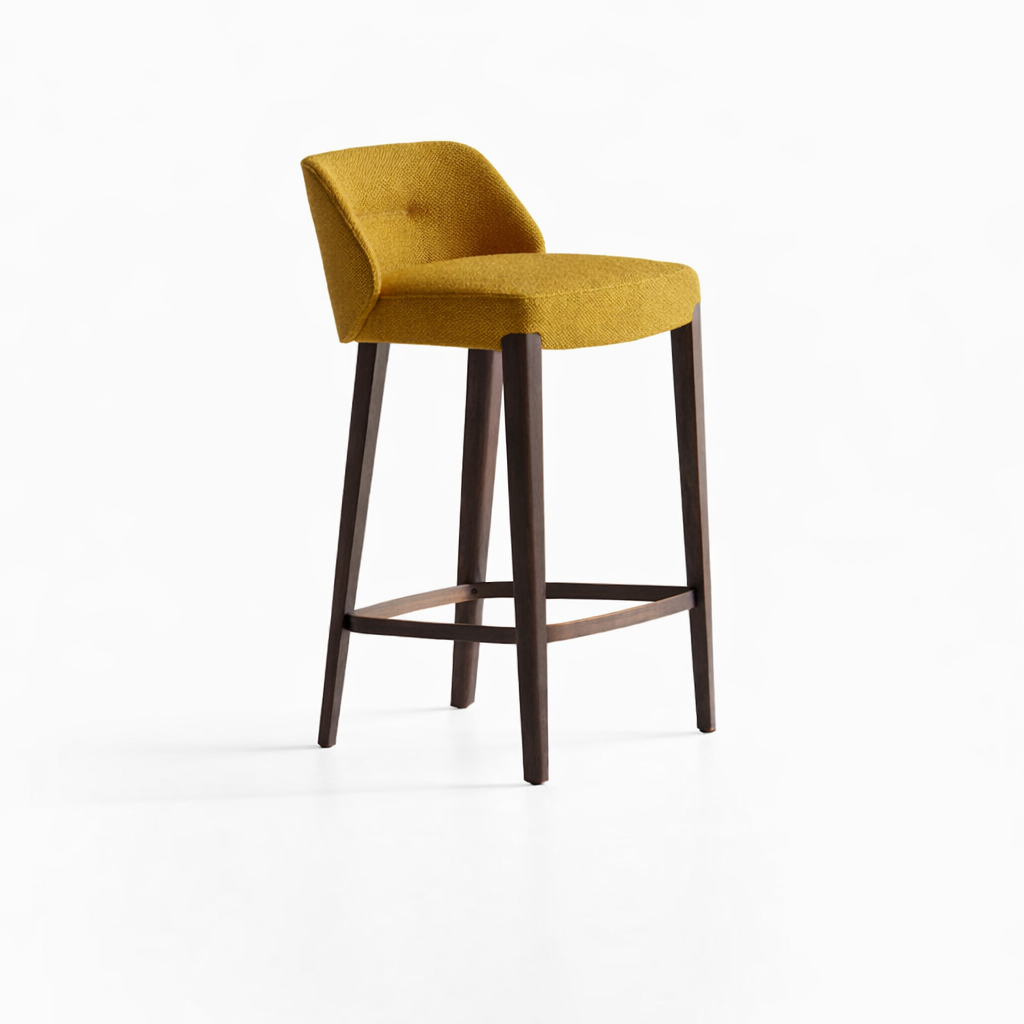 Yellow bar stool with dark wood legs on a white background