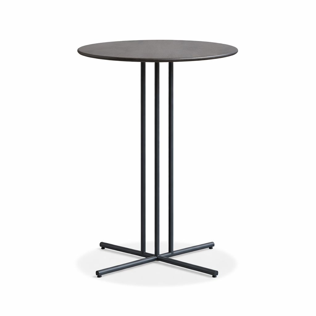 Round black table with a metal base on a white background
