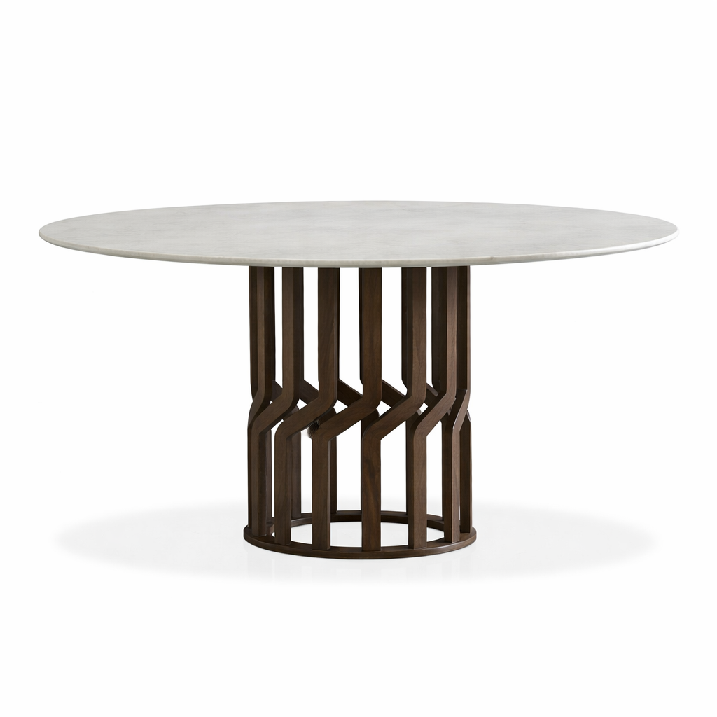Round dining table with a white marble top and dark metal base on a white background