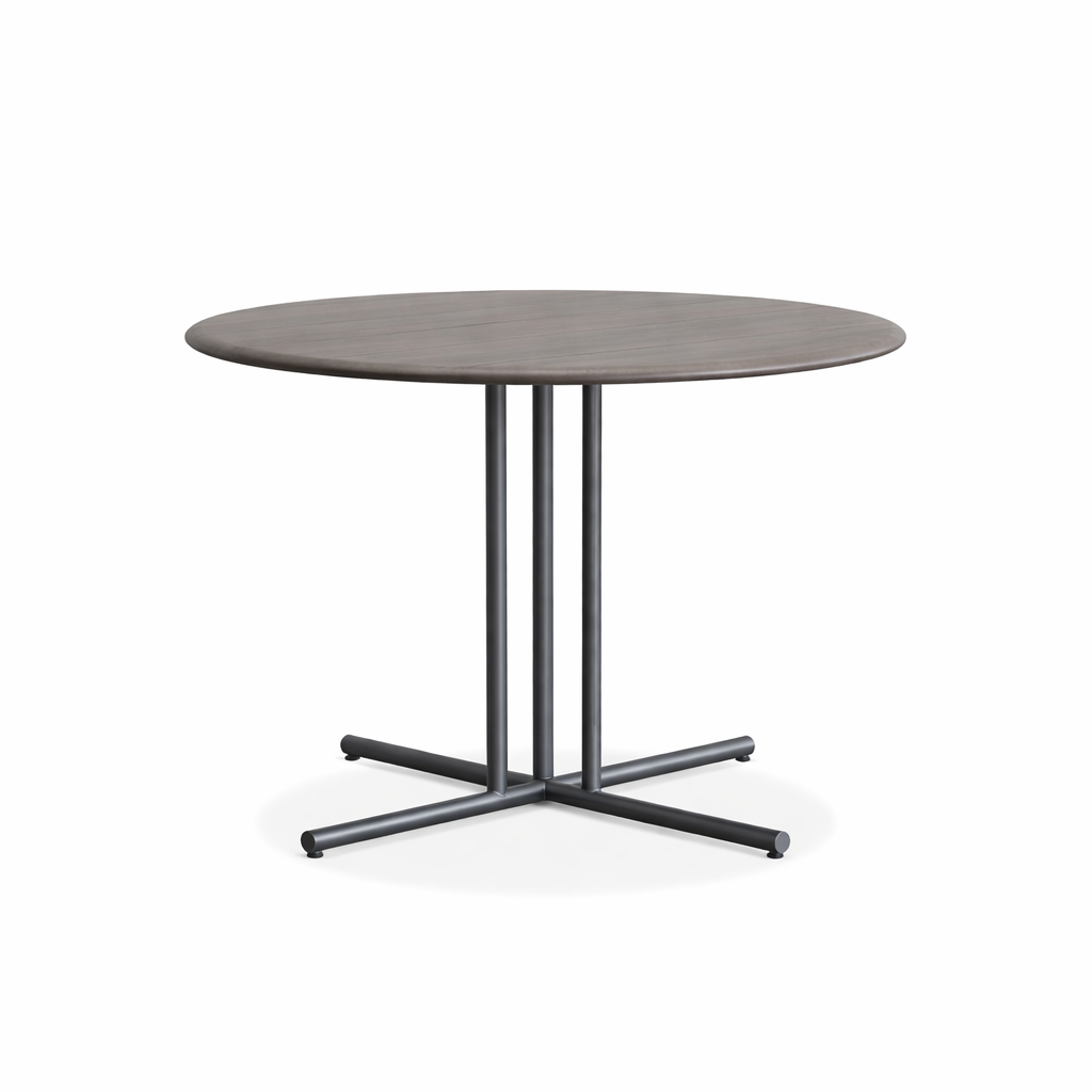Round table with a dark wooden top and black metal legs on a white background