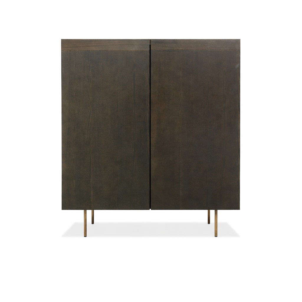 Dark wooden cabinet with two doors on a white background