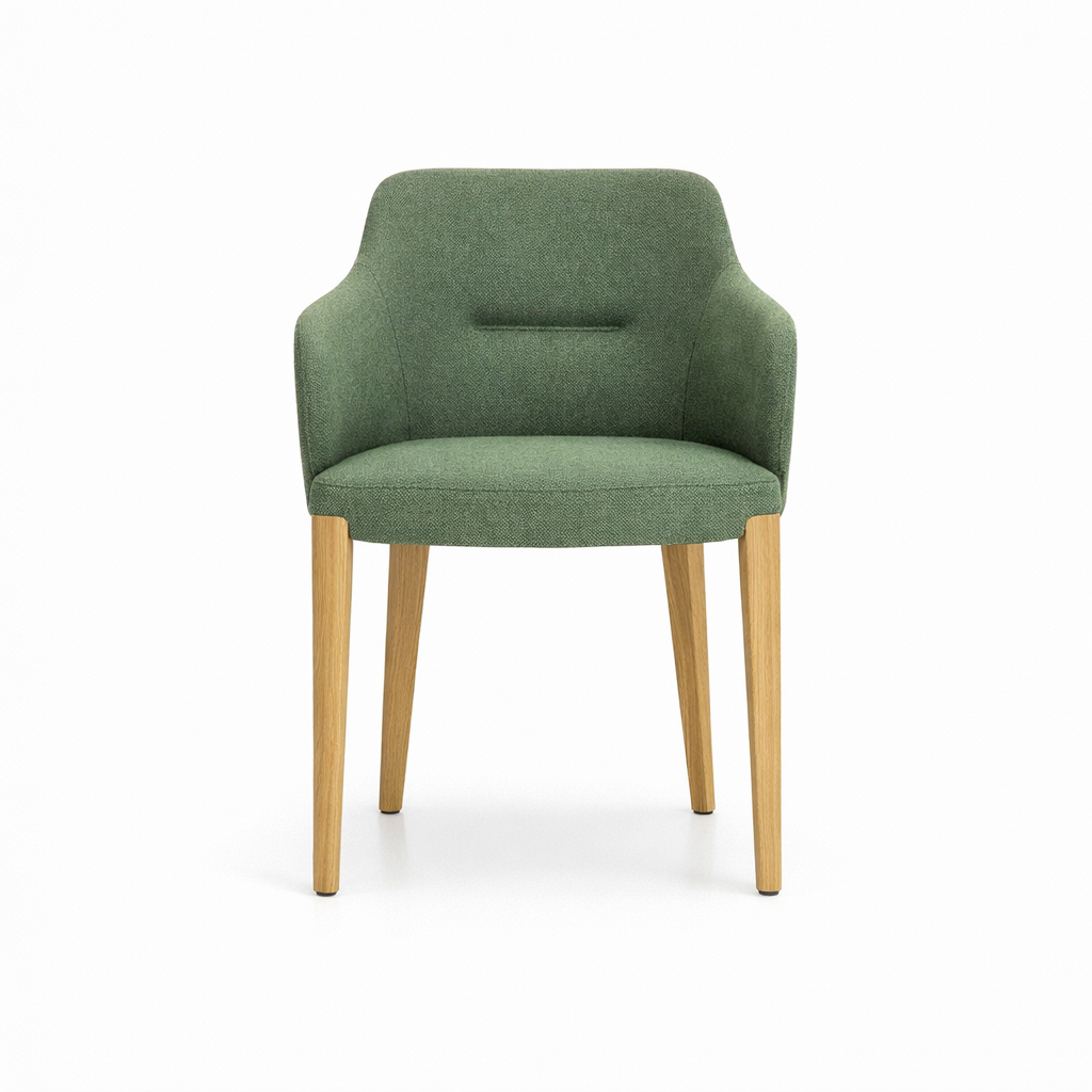 Green upholstered chair with wooden legs on a white background