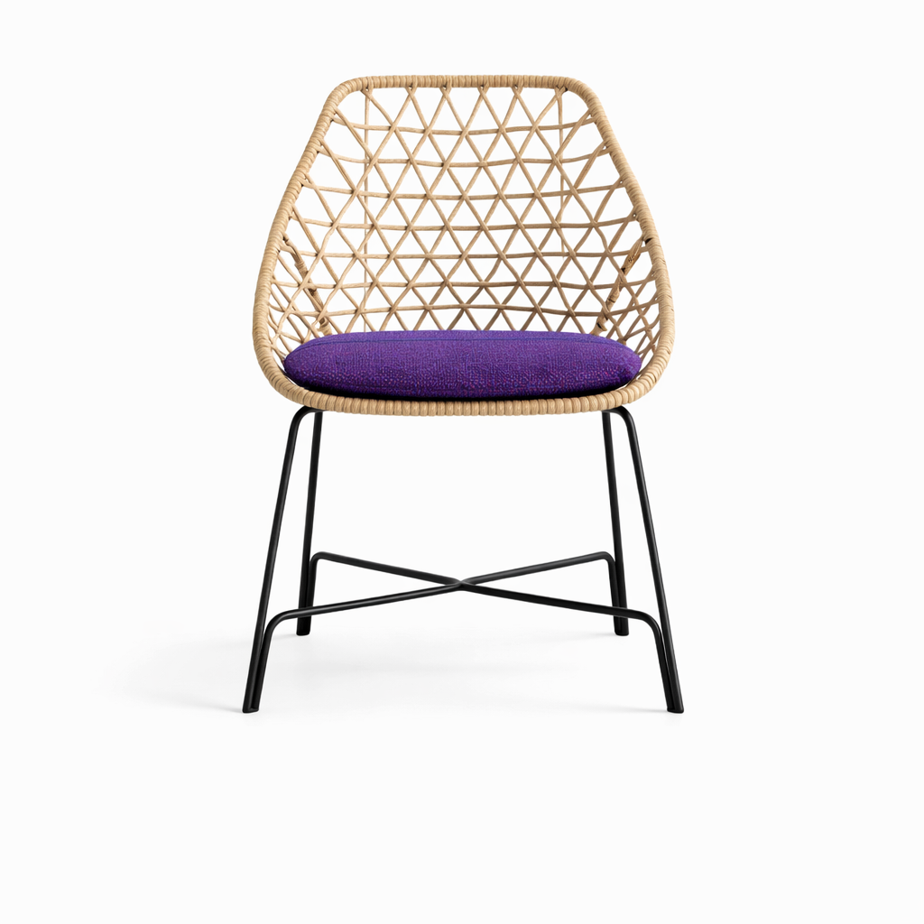 Chair with woven backrest and purple cushion on a white background