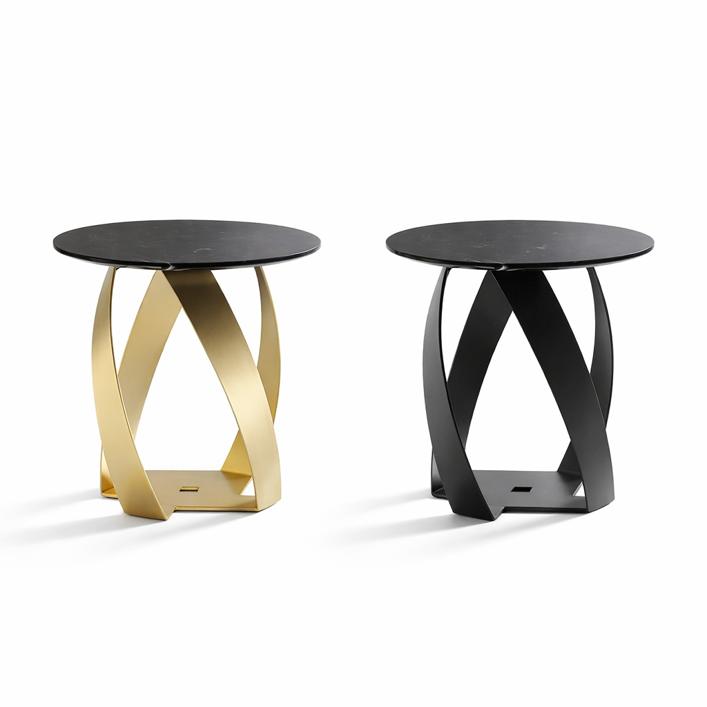 Two side tables, one gold and one black, on a white background
