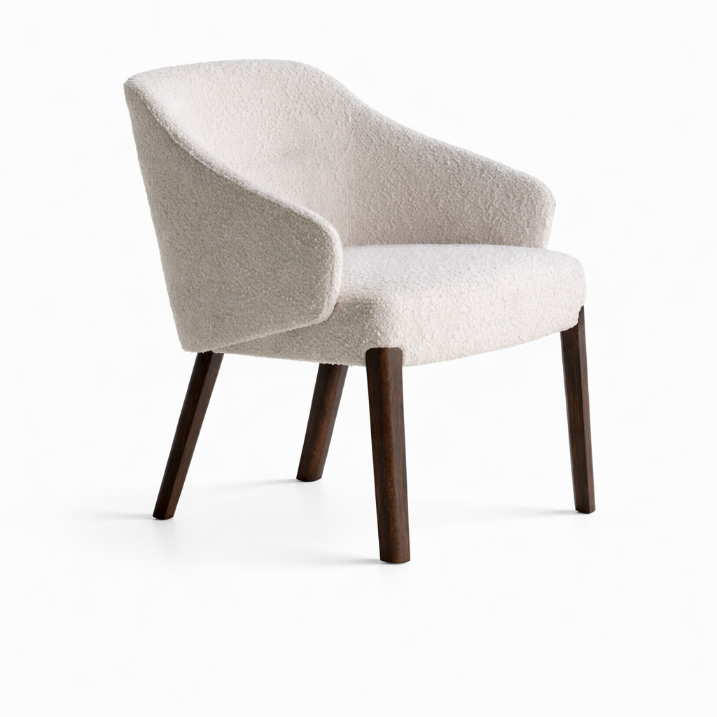 Beige armchair with wooden legs on a white background