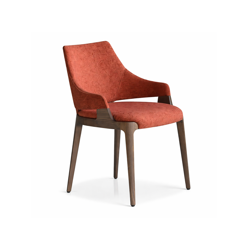 Red chair with wooden legs on a white background