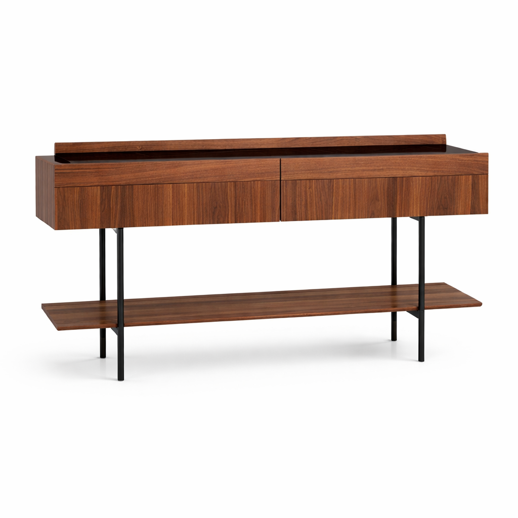 Wooden console table with a shelf on a white background