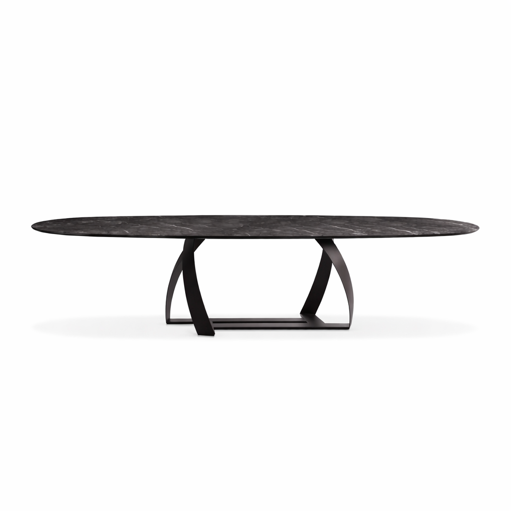 Modern oval dining table with a dark finish on a white background