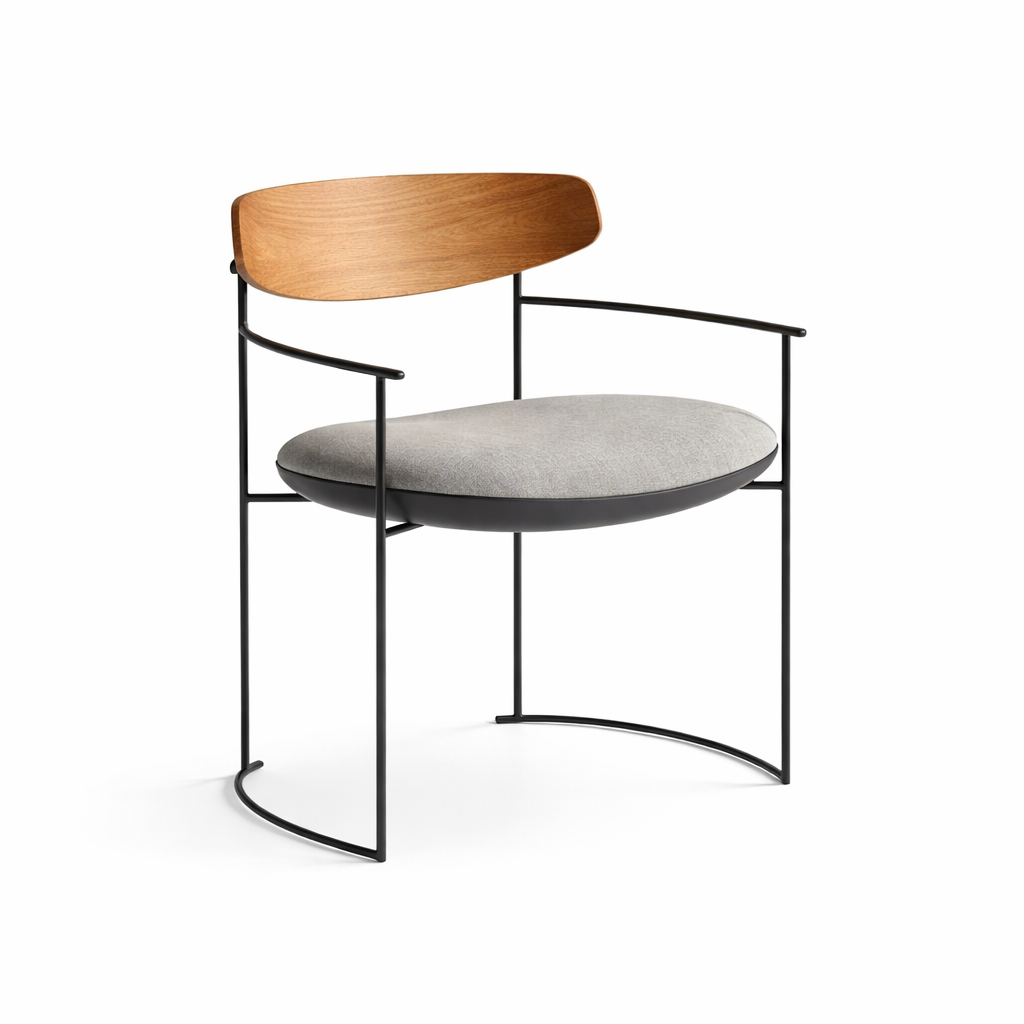 Modern chair with wooden backrest and black metal frame on a white background