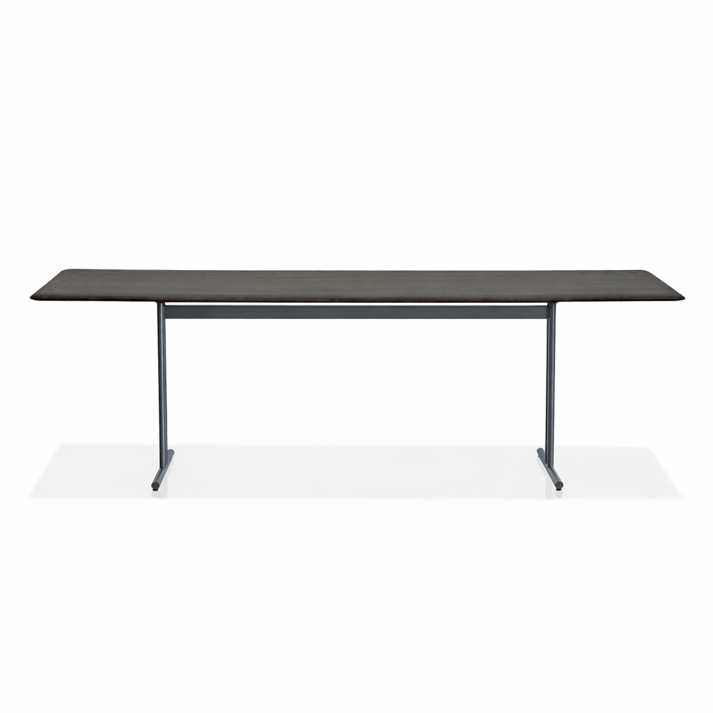 Long black table with metal legs on a white background