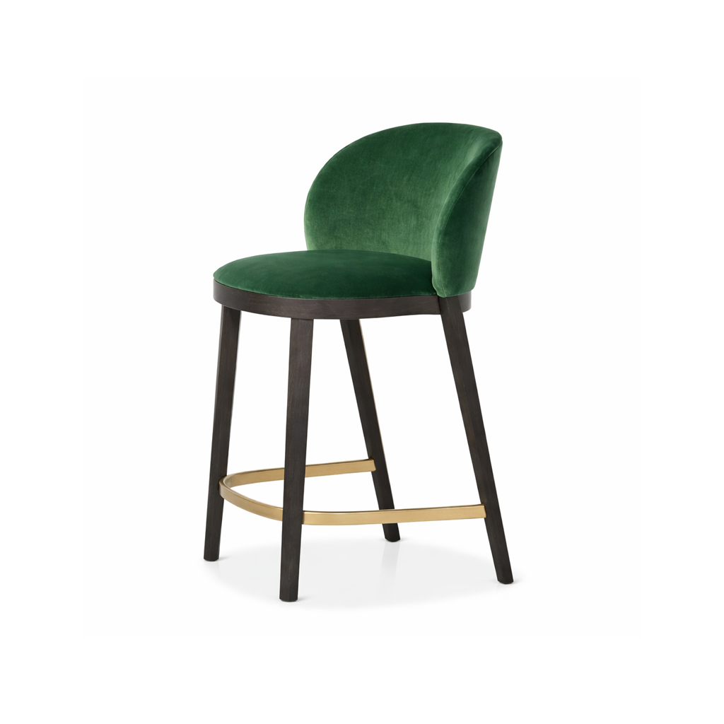 Green velvet bar stool with black legs on a white background